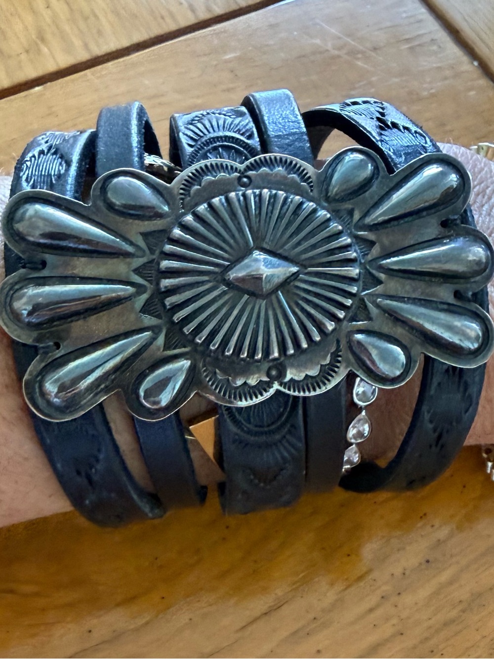 Black Leather Concho Wrap Bracelet with Silver-Tone Detail